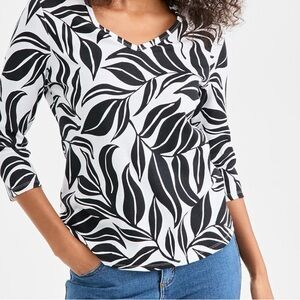 Style & Co. Monochrome Leaf Print Long Sleeve Top